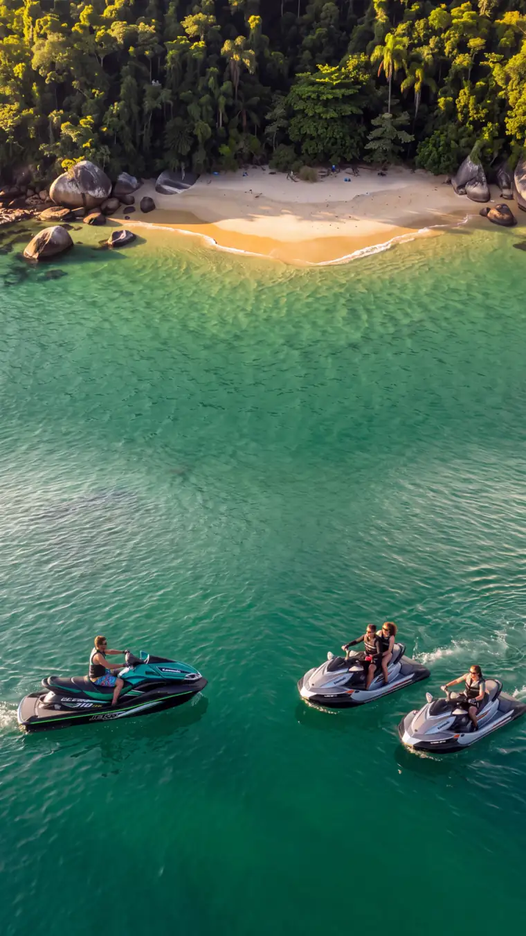 Três Jet Ski Kawasaki chegando a uma ilha deserta, vista aérea